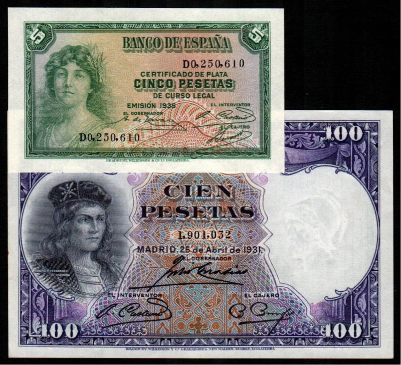 1935. 5 pesetas. Serie D. E363a. 25 de abril de 1931. 100 pesetas. E360. SC, apr...