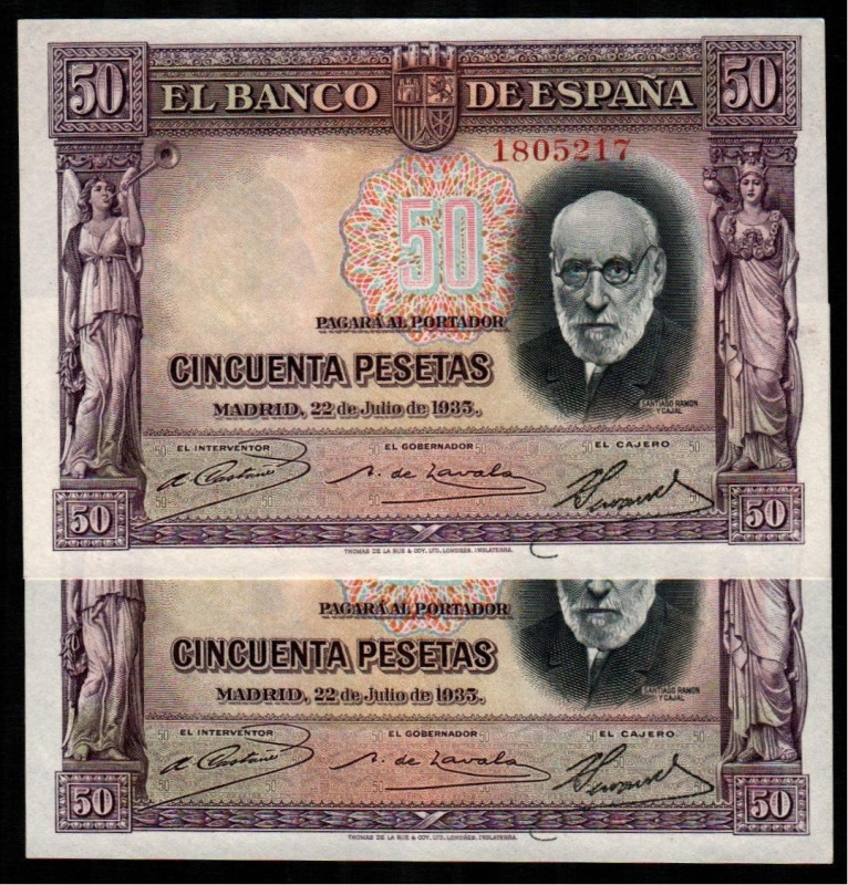 22 de julio de 1935. 50 pesetas. Sin serie. Pareja correlativa. E366. SC, aprest...