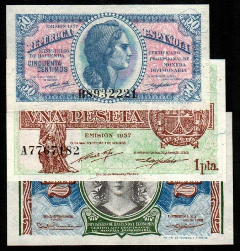 1937 y 1938. 50 céntimos. Serie B. 1 peseta. Serie A. 2 pesetas. Serie B. E391, ...