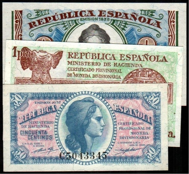 1937 y 1938. 50 céntimos. Serie C. 1 peseta. Serie A. 2 pesetas. Serie A . E391a...