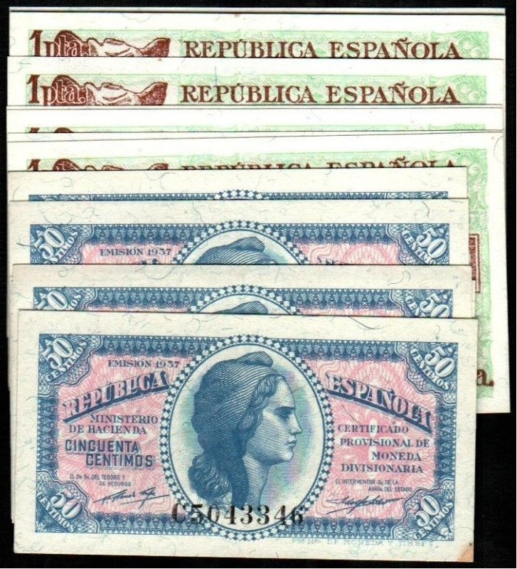 1937. 50 céntimos. Serie C. Diez correlativos. E391a. 1 peseta. Serie A. Diez co...