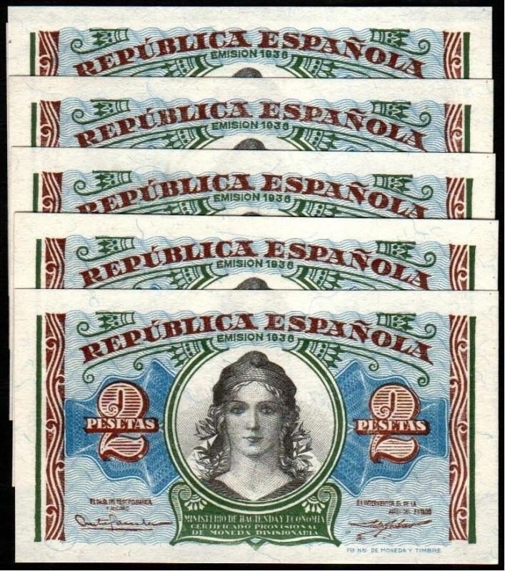 1938. 2 pesetas. Serie A. Siete correlativos. E393. SC, apresto original. Excepc...