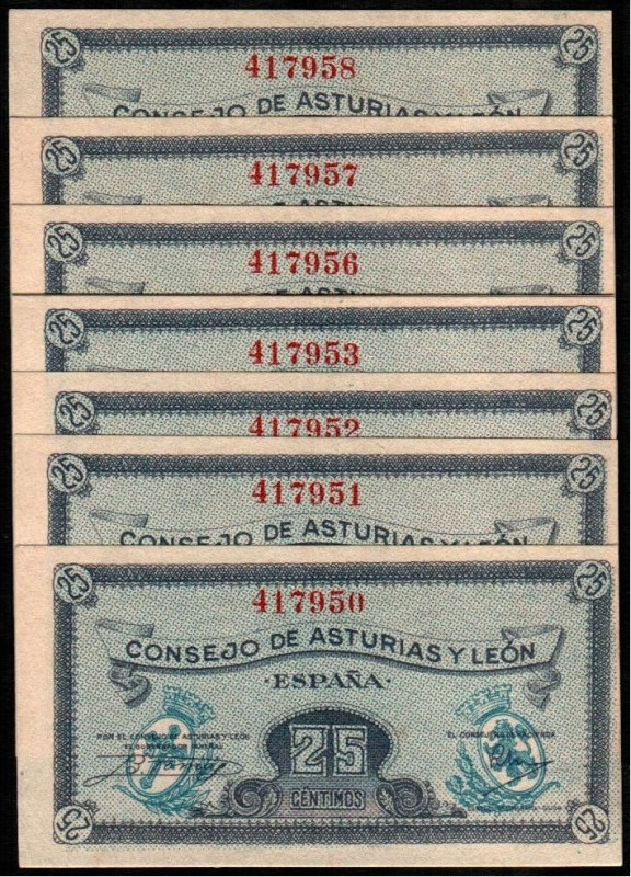 Consejo de Asturias y León. 25 céntimos. Nueve correlativos. E394. Picos mejorab...