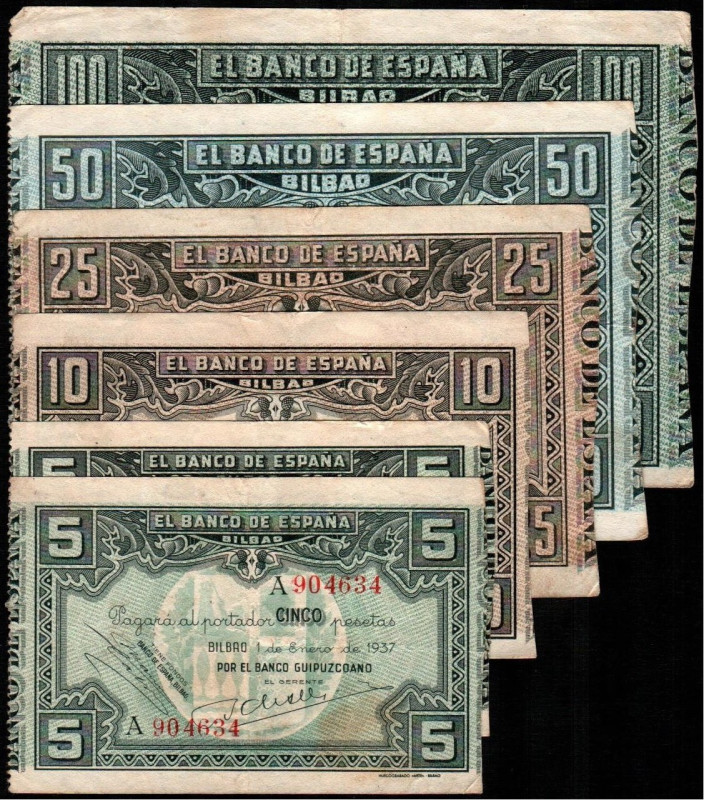 Banco de España, Bilbao. 1 de enero de 1937. 100, 50, 25, 10 y 5 (2, uno serie A...