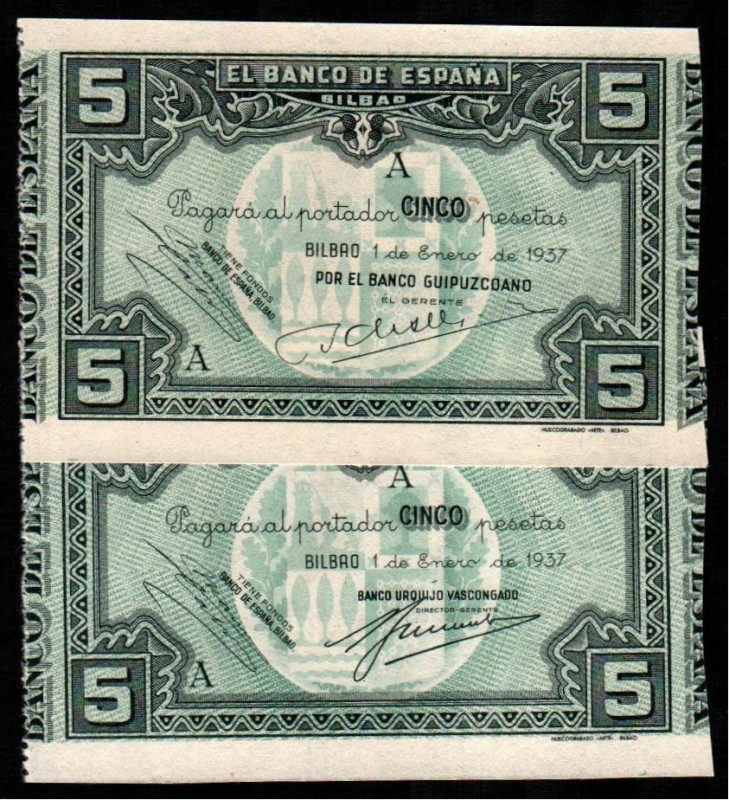 Banco de España, Bilbao. 1 de enero de 1937. 5 pesetas. Serie A. Sin numeración....