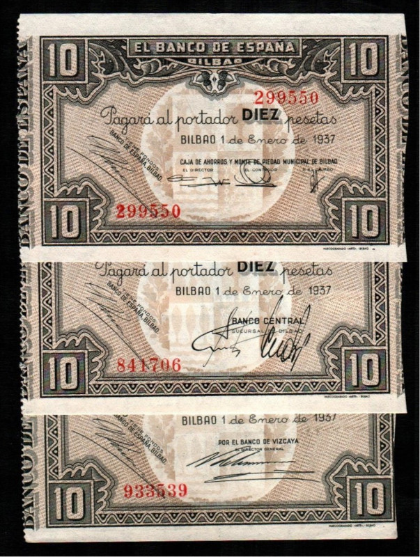 Banco de España, Bilbao. 1 de enero de 1937. 10 pesetas. Tres antefirmas distint...