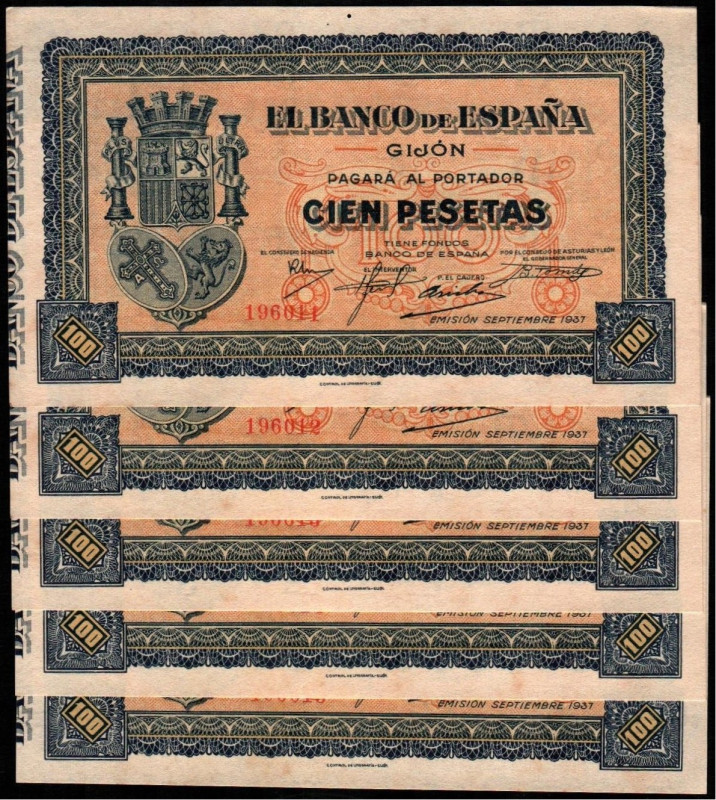 Banco de España, Gijón. Septiembre de 1937. 100 pesetas. Cinco correlativos. E39...