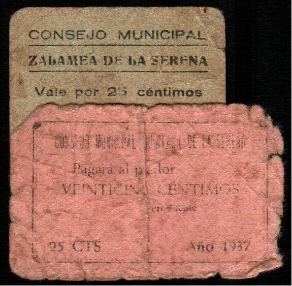 VILLANUEVA DE LA SERENA (Badajoz). 1937. 25 céntimos. G808 (cita fecha 5 de agos...