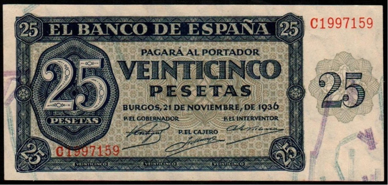 21 de noviembre de 1936. 25 pesetas. Serie C. E419a. Dos piquitos doblados. EBC ...