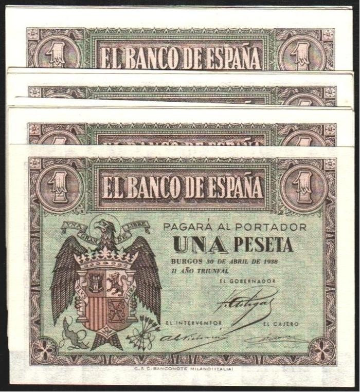 30 de abril de 1938. 1 peseta. Serie A, B, C, D, E, F, G, H, I, L, M y N. E428 y...