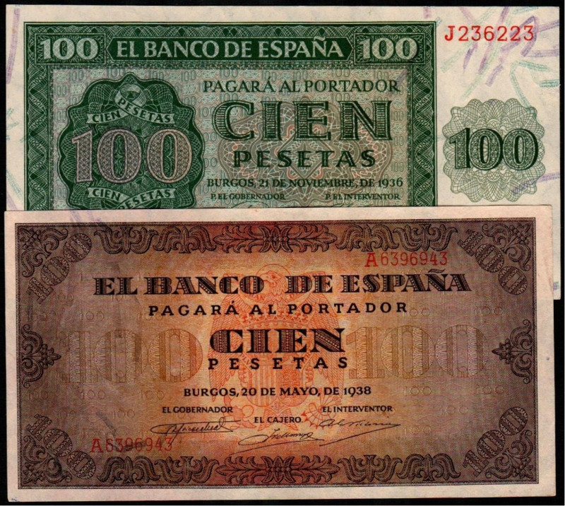 20 de mayo de 1938. 100 pesetas. Serie A. E432. 21 de noviembre de 1936. 100 pes...