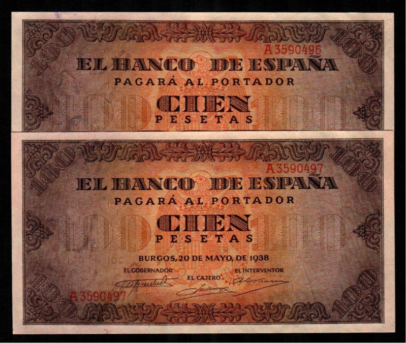 20 de mayo de 1938. 100 pesetas. Serie A. Pareja correlativa. E432. Leves pliegu...