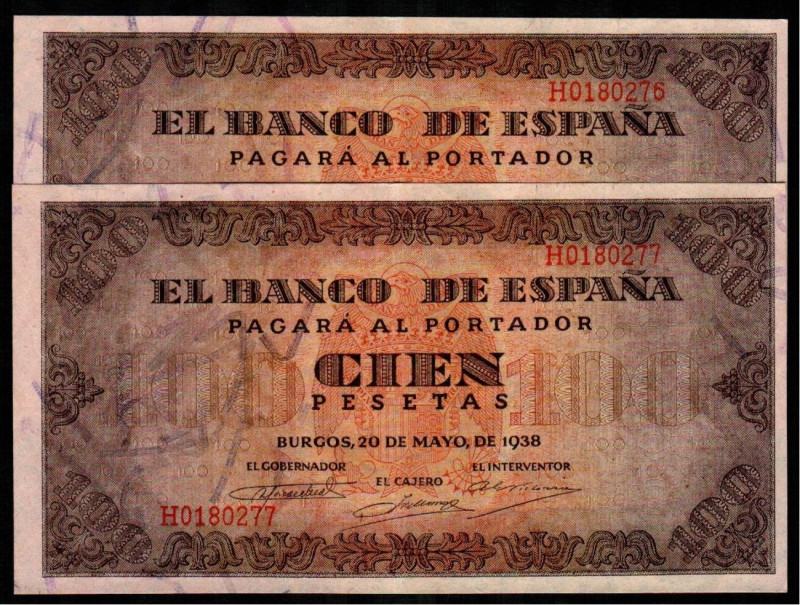 20 de mayo de 1938. 100 pesetas. Serie H. Pareja correlativa. E432a. EBC+, apres...