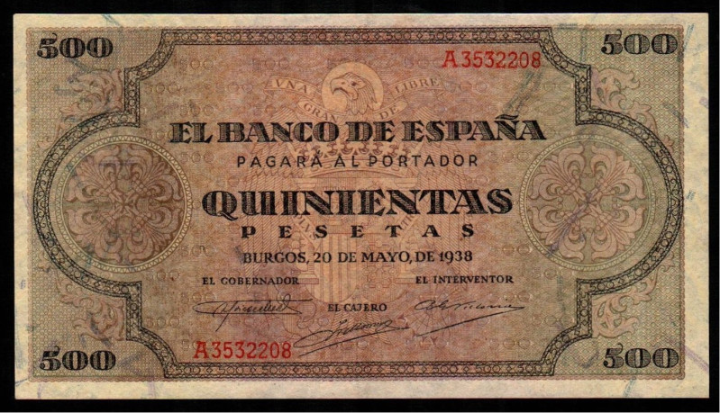 20 de mayo de 1938. 500 pesetas. Serie A. E433. Planchado. MBC