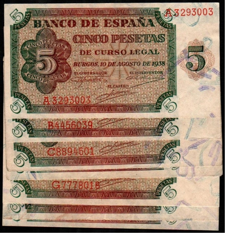 10 de agosto de 1938. 5 pesetas. Series A, B, C, E, G, H y J. E435 y E435a. MBC+...