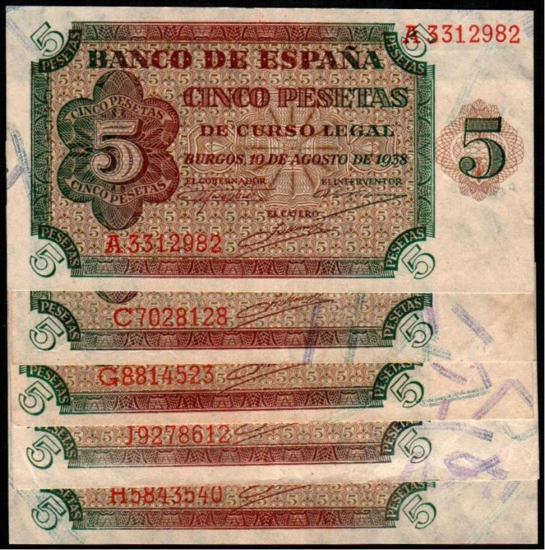 10 de agosto de 1938. 5 pesetas. Series A, C, G, H y J. E435 y E435a. MBC+ y EBC...