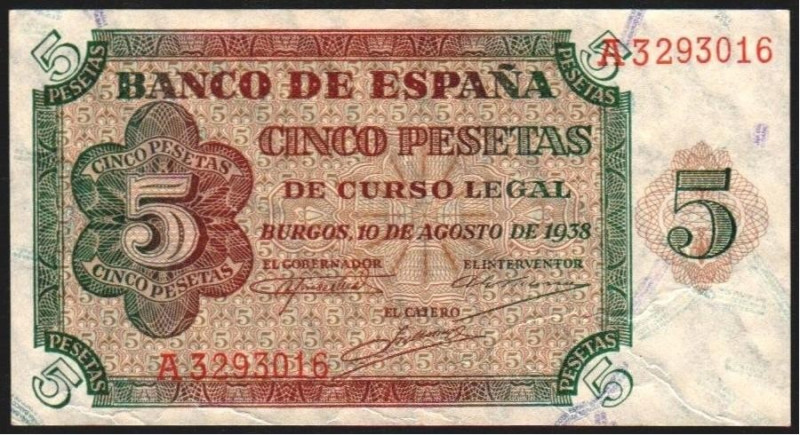 10 de agosto de 1938. 5 pesetas. Serie A. E435. Pliegues de papel abundantes. EB...