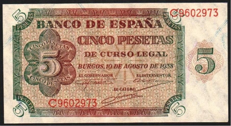 10 de agosto de 1938. 5 pesetas. Serie C. E435a. Piquito ligeramente marcado. SC...