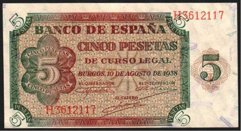 10 de agosto de 1938. 5 pesetas. Serie H. E435a. Descuido en lateral. SC-, resto...