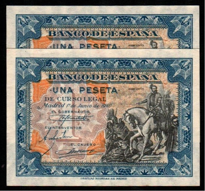 1 de junio de 1940. 1 peseta. Serie A. Pareja correlativa. E441a. Esquina doblad...