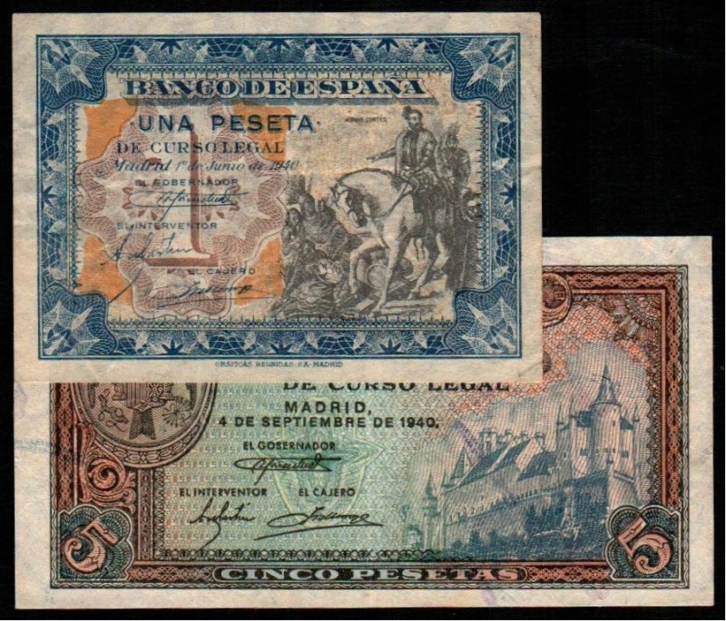 1 de junio de 1940. 1 peseta. Serie B. 4 de septiembre de 1940. 5 pesetas. Serie...