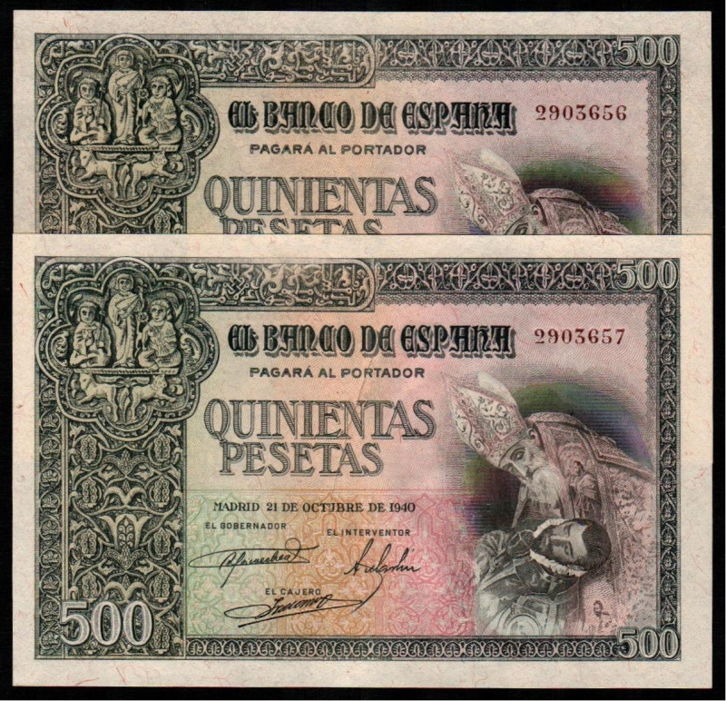 21 de octubre de 1940. 500 pesetas. Pareja correlativa. E444. Planchado uno. El ...