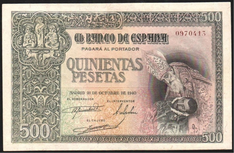 21 de octubre de 1940. 500 pesetas. E444. Algo planchado. Casi EBC+. Aún se insi...