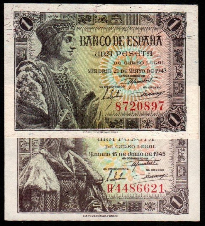 21 de mayo de 1943. 1 peseta. Sin serie. E447. 15 de junio de 1945. 1 peseta. Se...