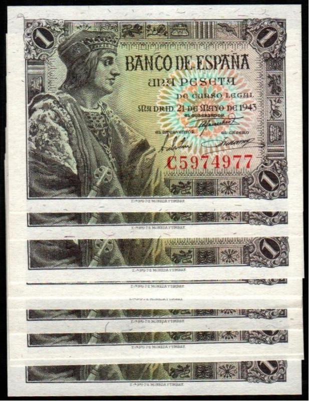 21 de mayo de 1943. 1 peseta. Serie C. Diez correlativos. E447a. SC, apresto ori...