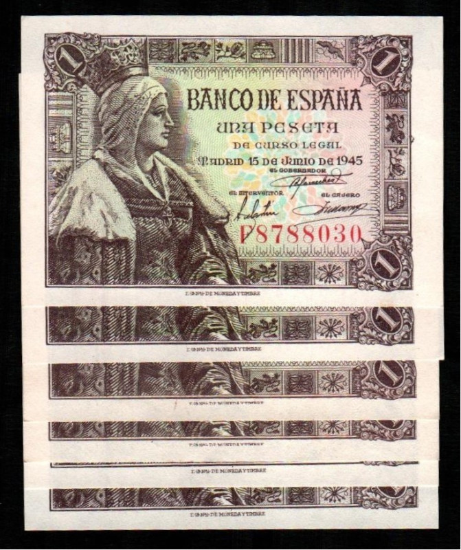 15 de junio de 1945. 1 peseta. Sin serie y series A y F. Parejas correlativas. E...