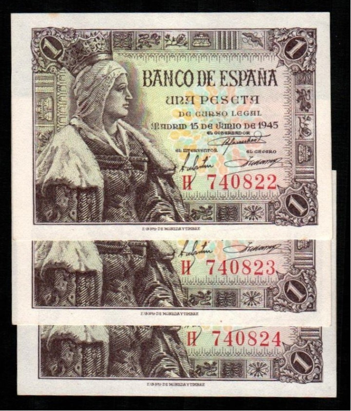 15 de junio de 1945. 1 peseta. Serie H. Trío correlativo. E448a. SC, apresto ori...