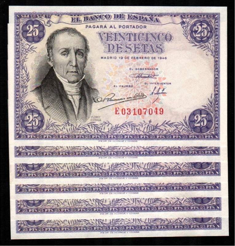 19 de febrero de 1946. 25 pesetas. Serie E. Seis correlativos. E450a. Leve marqu...