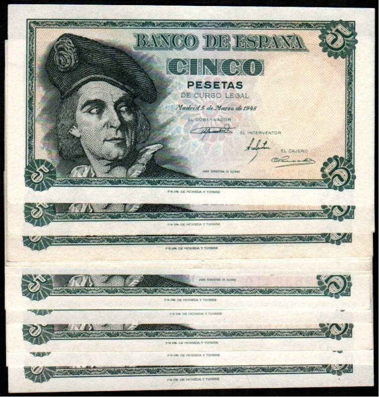 5 de marzo de 1948. 5 pesetas. Sin serie y series A, B, C, D, E, F, I, H, J, K, ...