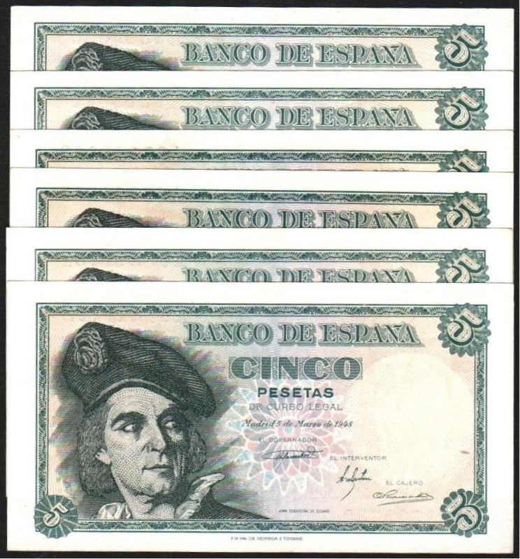 5 de marzo de 1948. 5 pesetas. Serie A. Tres parejas correlativas. E455a. Varios...