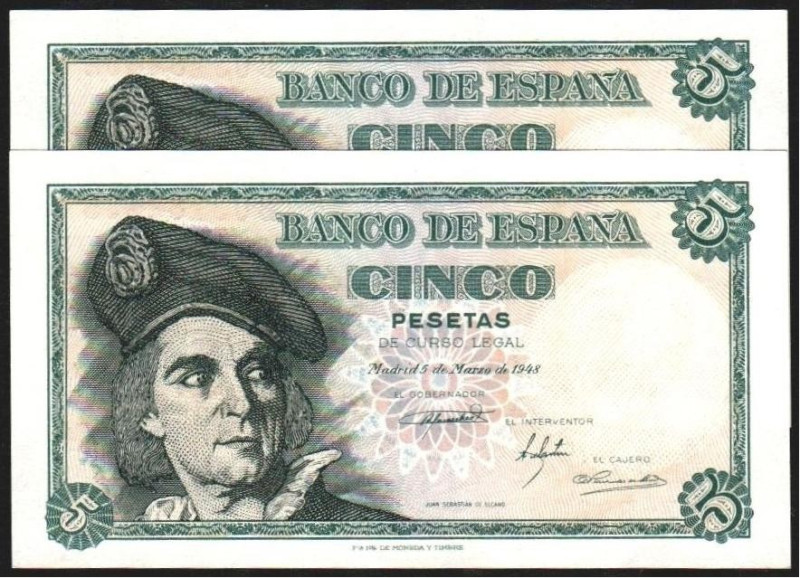 5 de marzo de 1948. 5 pesetas. Serie B. Pareja correlativa. E455a. SC, apresto o...