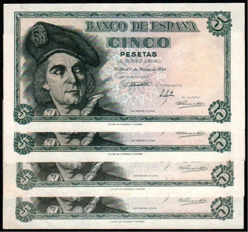 5 de marzo de 1948. 5 pesetas. Series C y L. Dos parejas correlativas. E455a. SC...