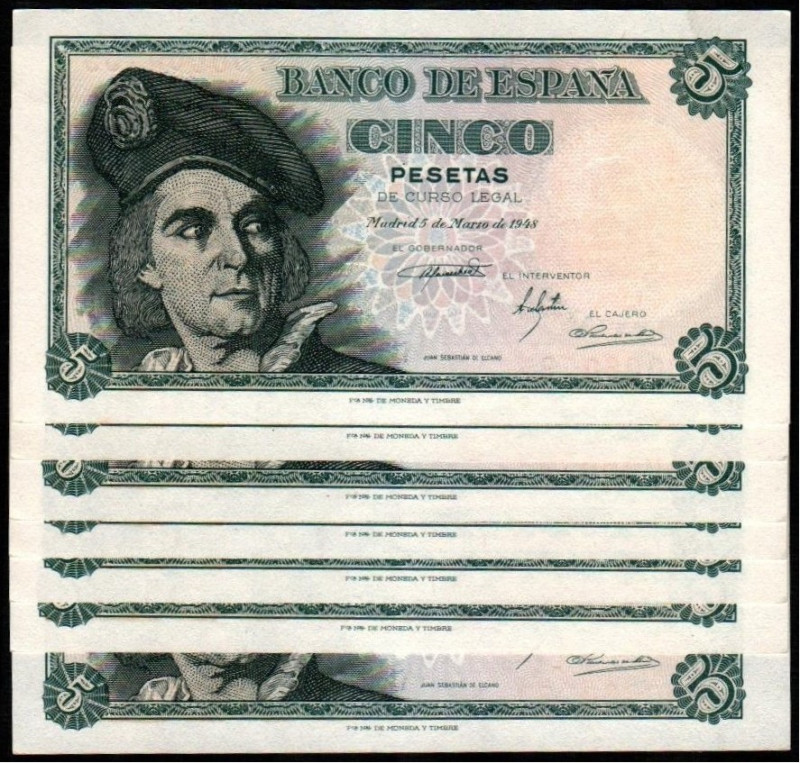 5 de marzo de 1948. 5 pesetas. Serie C. Siete correlativos. E455a. SC, apresto o...