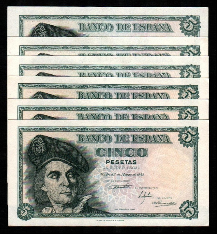 5 de marzo de 1948. 5 pesetas. Series F y C. Tríos correlativos. E455a. Piquitos...