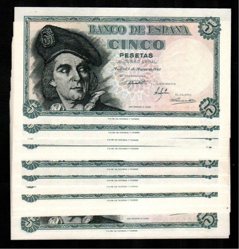 5 de marzo de 1948. 5 pesetas. Serie F. Nueve correlativos. Serie I. Nueve corre...