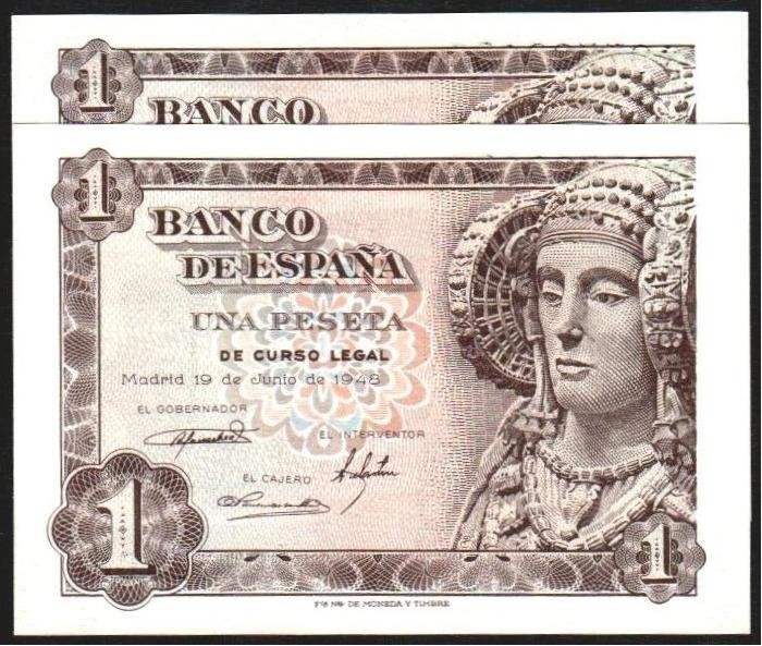 19 de junio de 1948. 1 peseta. Serie Ñ. Pareja correlativa. E457a. SC, apresto o...