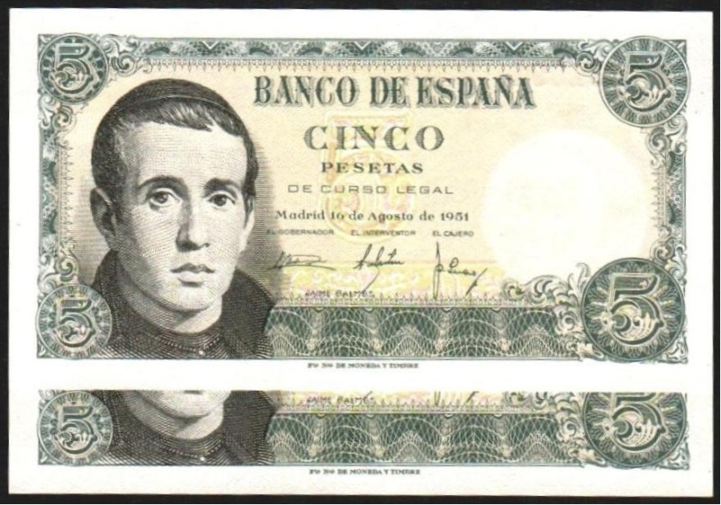 16 de agosto de 1951. 5 pesetas. Serie N. Pareja correlativa. E459a. Leve marqui...