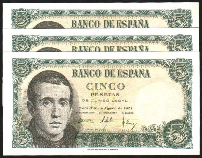 16 de agosto de 1951. 5 pesetas. Serie Q. Trío correlativo. E459a. Esquinita lig...