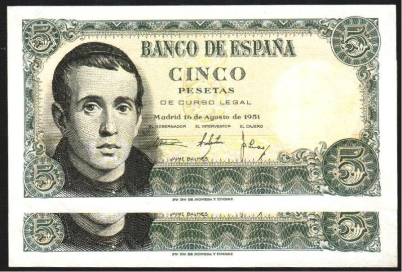 16 de agosto de 1951. 5 pesetas. Serie S. Pareja correlativa. E459a. Esquina y e...