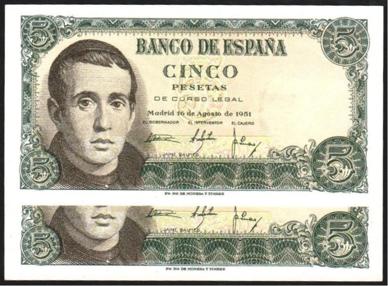 16 de agosto de 1951. 5 pesetas. Serie W. Pareja correlativa. E459a. Marquita en...