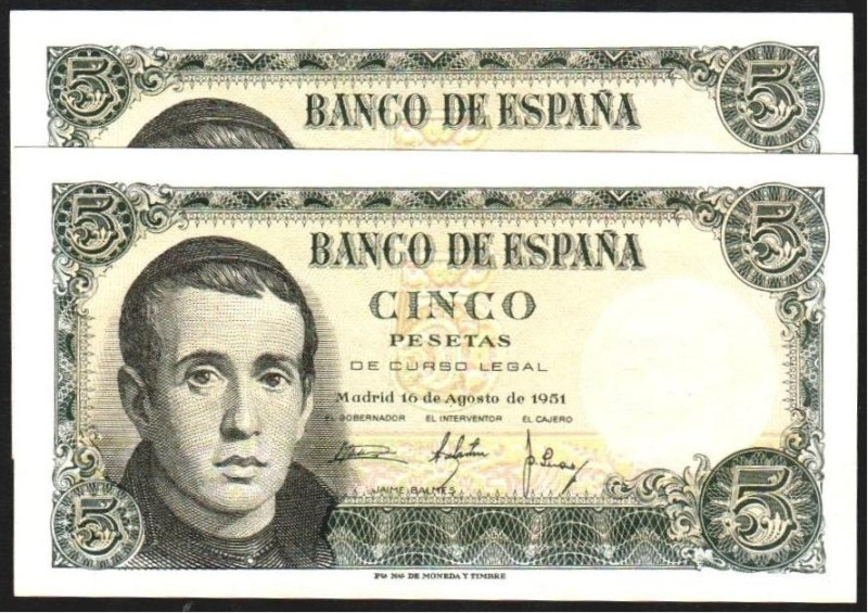 16 de agosto de 1951. 5 pesetas. Serie Z. Pareja correlativa. E459a. SC, apresto...