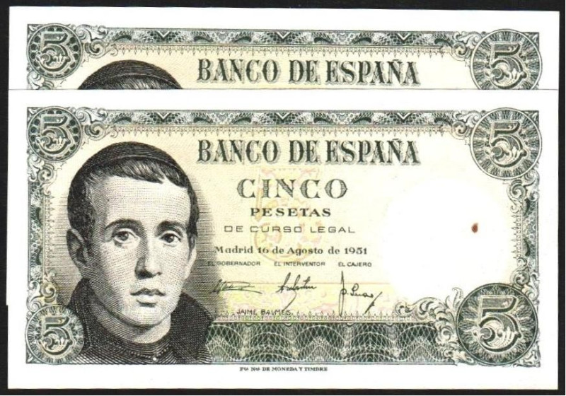 16 de agosto de 1951. 5 pesetas. Serie 1E. Pareja correlativa. E459a. Punto de ó...