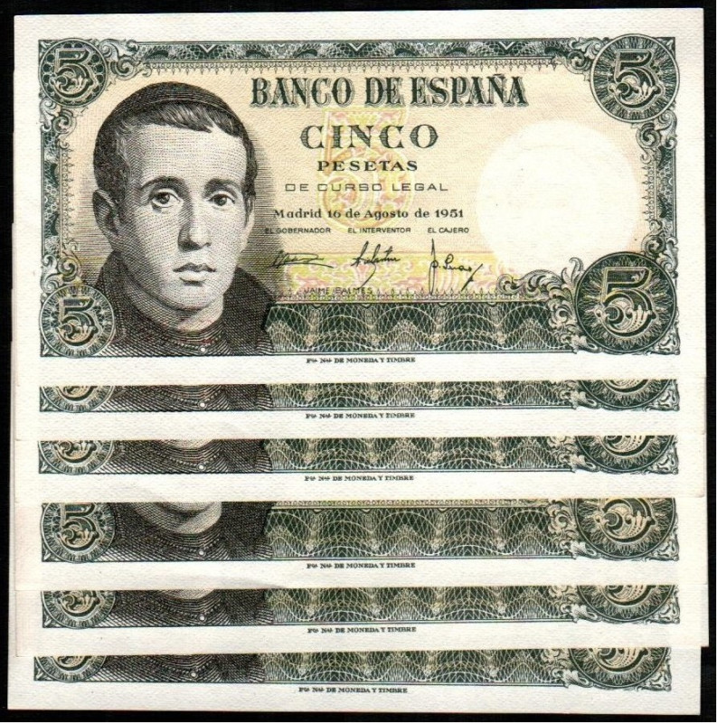 16 de agosto de 1951. 5 pesetas. Series 1E y S. Tríos correlativos. Esquina lige...