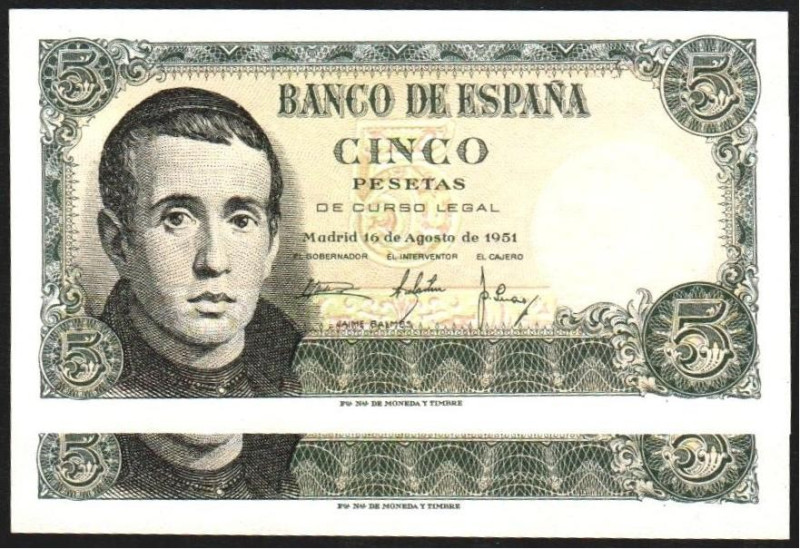 16 de agosto de 1951. 5 pesetas. Serie 1G. Pareja correlativa. E459a. Leve marqu...