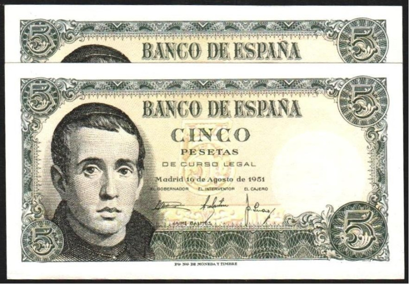 16 de agosto de 1951. 5 pesetas. Serie 1G. Pareja correlativa. E459a. Leve marqu...