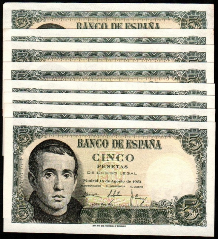 16 de agosto de 1951. 5 pesetas. Serie 1G. Seis correlativos. Serie S. Pareja co...